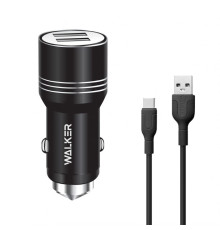 Автомобільний зарядний пристрій (адаптер) 2в1 WALKER WCR-21 2USB 1.0А / 2.4A + Data Cabel USB to Type-C black