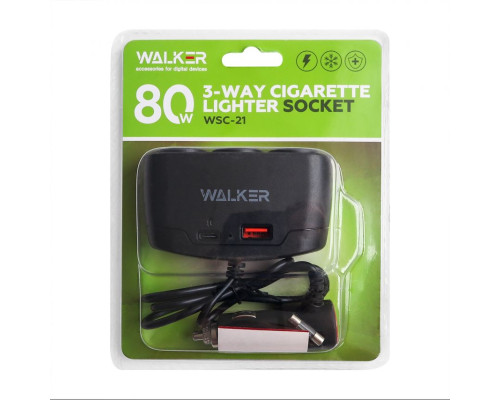 Розгалужувач автомобільного прикурювача 3в1 WALKER WSC-21 80W / USB_2.1A / Type-C_2.1A black