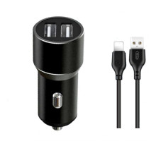 Автомобільний зарядний пристрій (адаптер) 2в1 XO TZ09 2USB / 2.4A / 12W + Data Cabel USB to Lightning black