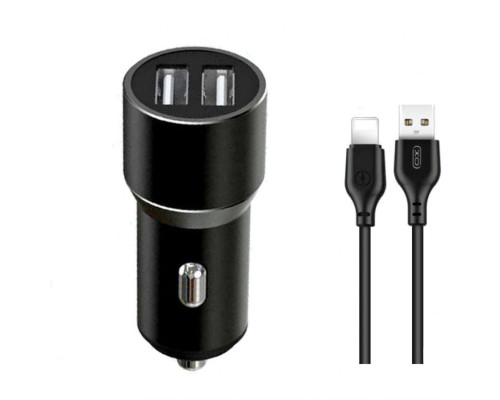 Автомобільний зарядний пристрій (адаптер) 2в1 XO TZ09 2USB / 2.4A / 12W + Data Cabel USB to Lightning black