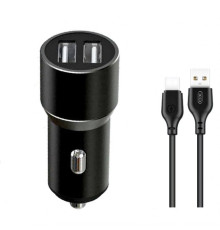 Автомобільний зарядний пристрій (адаптер) 2в1 XO TZ09 2USB / 2.4A / 12W + Data Cabel USB to Type-C black