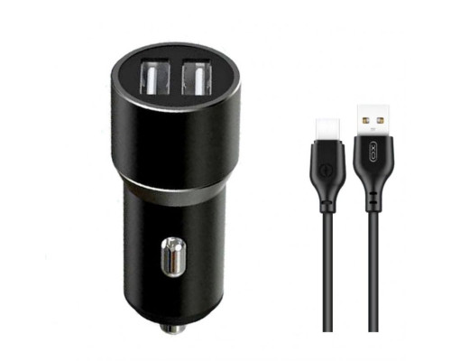 Автомобільний зарядний пристрій (адаптер) 2в1 XO TZ09 2USB / 2.4A / 12W + Data Cabel USB to Type-C black