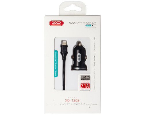 Автомобільний зарядний пристрій (адаптер) 2в1 XO TZ08 2USB / 2.1A + Data Cabel USB to Lightning black