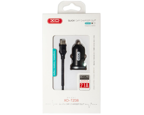 Автомобільний зарядний пристрій (адаптер) 2в1 XO TZ08 2USB / 2.1A + Data Cabel USB to Type-C black