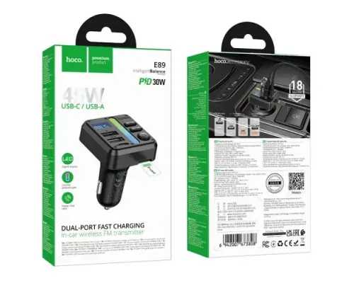 АЗП/ФМ Модулятор HOCO E89 Libre 45W(1A1C) car BT FM transmitter Black mag-6942007673808153875