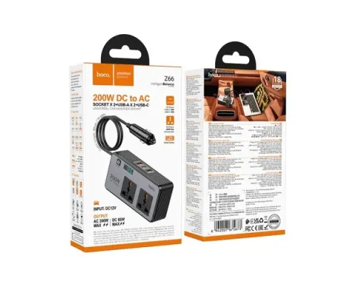 Автомобільний інвертор HOCO Z66 New 2-socket universal(PD66W/1C2A) car inverter Black mag-6942007675673153739
