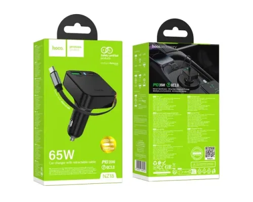 АЗП HOCO NZ18 Guardian PD65W(2C1A) car charger with retractable cable black mag-6942007658546145621