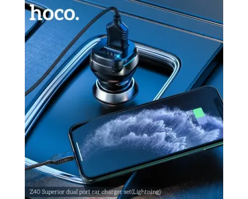 АЗП HOCO Z40 Superior 2USB/2,4A + Lightning Cable Black 4+1 mag-6931474739674146839