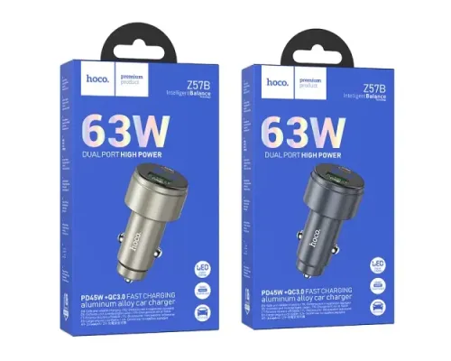 АЗП HOCO Z57B Glorious 63W dual-port digital display PD45W+QC3.0 car charger Black mag-6942007633161144367
