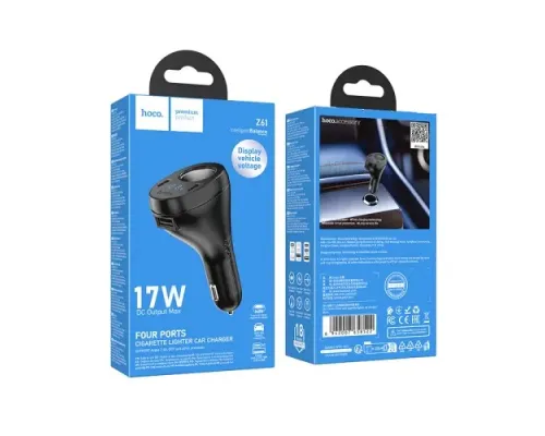 АЗП HOCO Z61 Correct three-port cigarette lighter car charger black mag-6942007658522144376