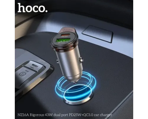 АЗП HOCO NZ16A Rigorous 43W dual port PD25W+QC3.0 car charger Metal Grey mag-6942007644747144058