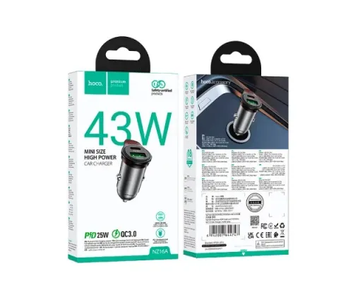 АЗП HOCO NZ16A Rigorous 43W dual port PD25W+QC3.0 car charger Metal Grey mag-6942007644747144058