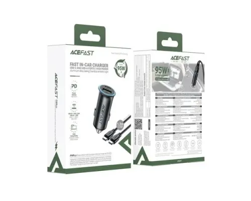 АЗП ACEFAST B16 95W (USB-A+USB-C) dual port metal car charger + cable Type-C to Type-C Grey mag-6974316285304153347