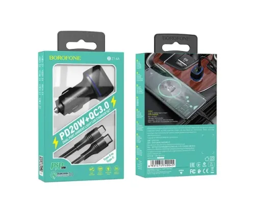 АЗП BOROFONE BZ14A Mercury PD20W+QC3.0 2USB/3A+ Cable Type-C to Type-C чорний mag-693147474004542542