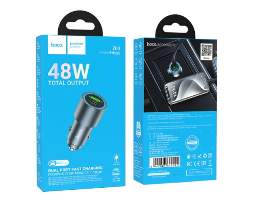 АЗП HOCO Z60 Bloom 48W dual-port PD30W+QC3.0 multi-protocol car charger Black mag-6942007642095142610
