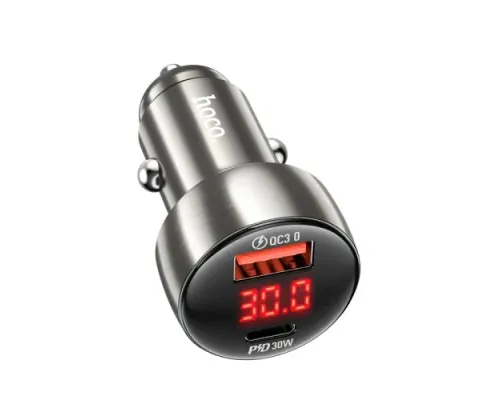 АЗП HOCO Z50 Leader 48W dual-port PD30W+QC3.0 car charger with digital display Metal Gray mag-6931474798756145079