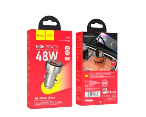 АЗП HOCO Z50 Leader 48W dual-port PD30W+QC3.0 car charger with digital display Metal Gray mag-6931474798756145079