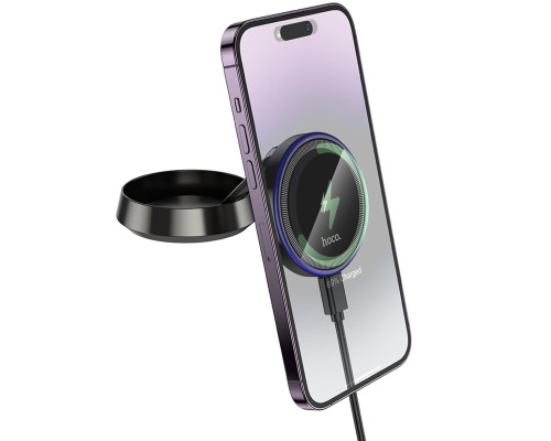 Автотримач для телефона HOCO HW33 Metal ring magnetic wireless fast charging car holder (center console) Metal Grey (6942007647946)