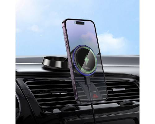Автотримач для телефона HOCO HW33 Metal ring magnetic wireless fast charging car holder (center console) Metal Grey (6942007647946)