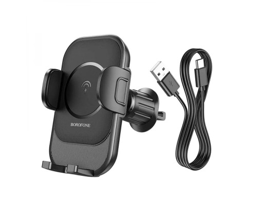 Тримач для мобільного з БЗП BOROFONE BH204 Blue Charm wireless fast charging car holder(air outlet) Black