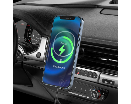 Тримач для мобiльного з БЗП HOCO CA90 Powerful magnetic wireless charging car holder Black