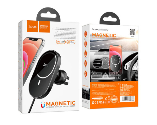 Тримач для мобiльного з БЗП HOCO CA90 Powerful magnetic wireless charging car holder Black