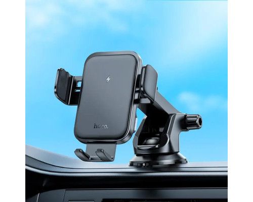 Тримач для мобільного з БЗП HOCO HW11 Jenny three-axis linkage wireless fast charging car holder(center console) Black