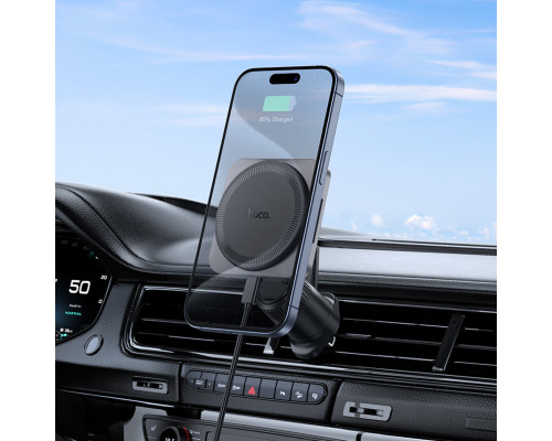 Тримач для мобiльного з БЗП HOCO HW15 Speed magnetic wireless fast charging car holder(air outlet) Black Metal Gray