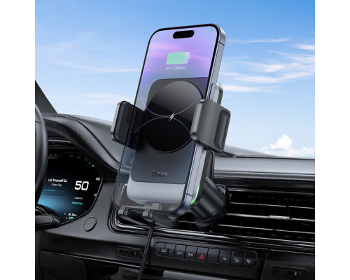 Тримач для мобiльного з БЗП HOCO HW13 Speed wireless fast charging car holder(air outlet) Black Metal Gray