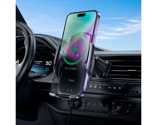 Тримач для мобiльного з БЗП HOCO CA202 Plus Enlightener infrared induction wireless charging car holder(air outlet) Black metal gray