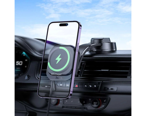 Автотримач для телефона HOCO HW29 Totem ring magnetic wireless fast charging car holder (center console) Black Metal Gray (6942007642163)