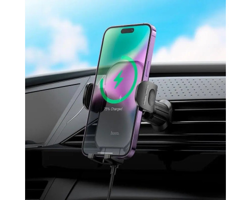 Тримач для мобiльного з БЗП HOCO HW4 Journey wireless fast charging car holder(air outlet) Black