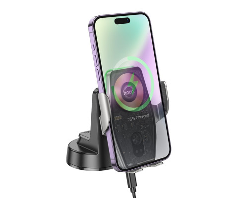 Тримач для мобільного з БЗП HOCO HW27 Traveler infrared RGB wireless fast charging car holder(center console) Black metal gray