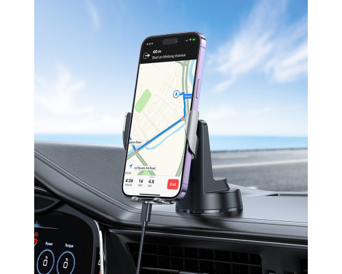 Тримач для мобільного з БЗП HOCO HW27 Traveler infrared RGB wireless fast charging car holder(center console) Black metal gray