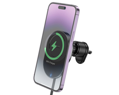 Тримач для мобільного з БЗП HOCO HW12 Guardian magnetic wireless fast charging car holder(air outlet) Black Gray