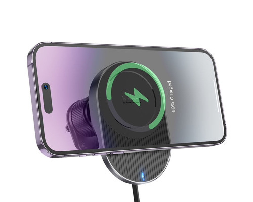 Тримач для мобільного з БЗП HOCO HW12 Guardian magnetic wireless fast charging car holder(air outlet) Black Gray