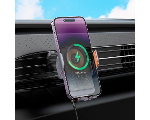 Тримач для мобiльного з БЗП HOCO HW7 Transparent Discovery Edition wireless fast charging car holder(air outlet) Metal Gray