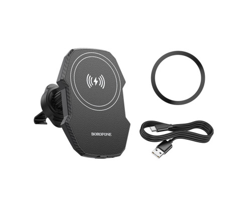 Тримач для мобiльного з БЗП BOROFONE BH215 Adelante magnetic wireless fast charging car holder(air outlet) Black