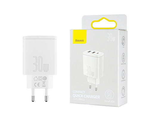 Зарядний пристрій Baseus Compact Quick Charger 2U+C 30W EU White NBB-124757