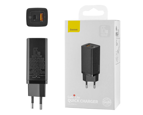 Зарядний пристрій Baseus GaN2 Lite Quick Charger C+U 65W EU Black (CCGAN2L-B01) NBB-124761