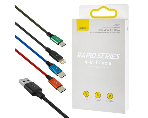 Кабель Baseus Fast 4-in-1 Cable For iP+Type-C(2)+Micro 3.5A 1.2m Black NBB-140165