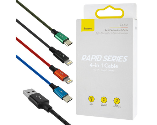 Кабель Baseus Fast 4-in-1 Cable For lightning(2)+Type-C+Micro 3.5A 1.2M Black NBB-140166