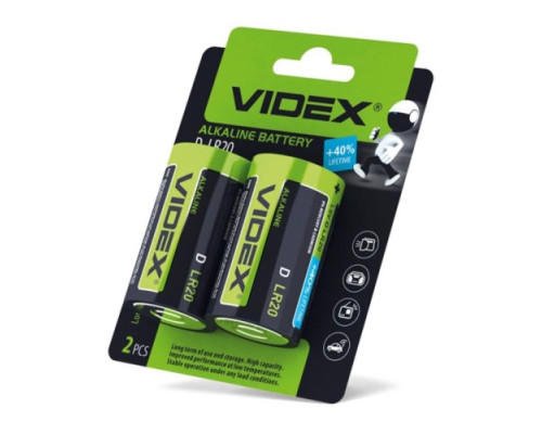 Батарейка VIDEX лужна LR20 2pcs BLISTER CARD (24/96) (2821) mag-4820118291628140248