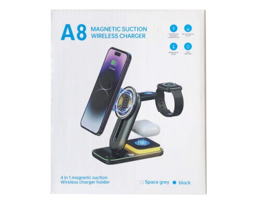 Зарядний пристрій 4 IN1 A8 MAGSAFE (iPhone, iWatch, AirPods,Night light) 15W FAST ORIGINAL Black mag-2000001450093100072