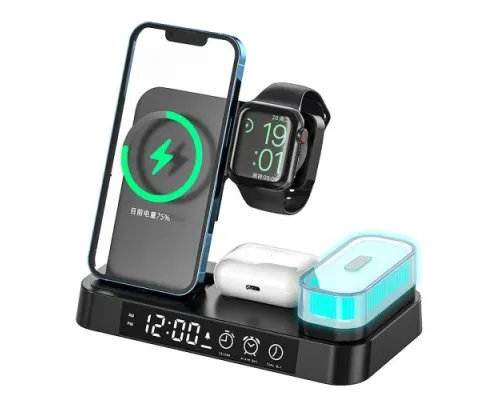 Зарядна станція 4 IN1 A37 (iPhone, iWatch, AirPods,Alarm Clock, LED LAMP) 30W FAST ORIGINAL Black mag-2000001500903147113