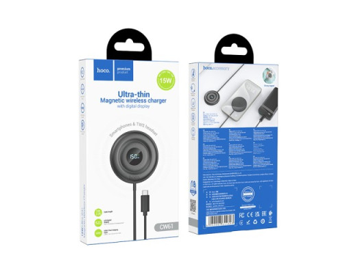 Бездротовий ЗП HOCO CW61 Phantom magnetic wireless fast charger with digital display Black mag-6942007644693142614
