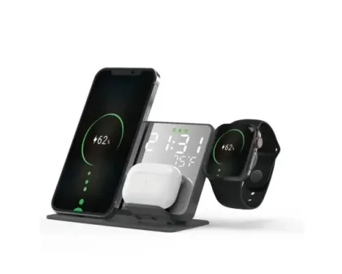 Зарядна станція 4IN1 W699 (iPhone,iWatch,AirPods,Alarm clock,Thermometer) 15W FAST ORIGINAL Black mag-2000001500941147116