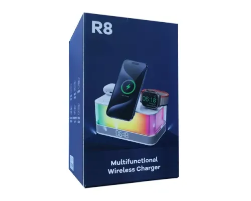 Зарядна станція/колонка 5 IN1 R8 (iPhone, iWatch, AirPods,Alarm Clock, LED LAMP) ORIGINAL White mag-2000001642191152194