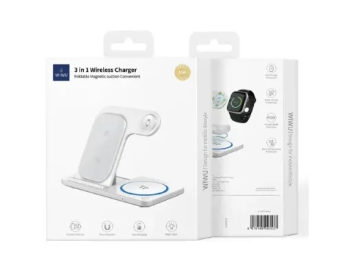 Бездротовий ЗП WiWU Wi-W020 3 in 1 Foldable Wireless Charger White mag-6976195093537153565