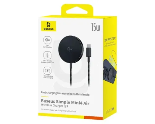 Бездротовий ЗП Baseus Simple Mini4 Air Magnetic Wireless Charger Qi2 15W Black P10278200111-00 mag-6932172670962147482